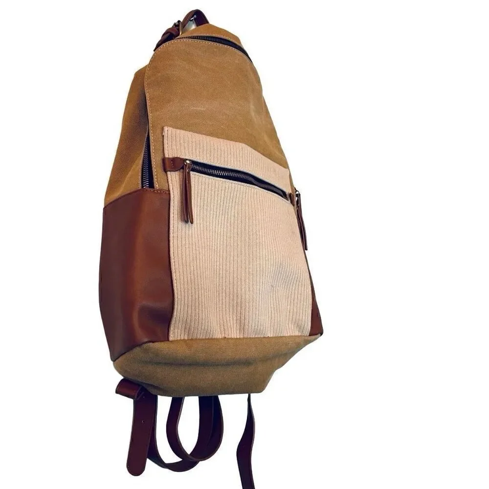 Madison West Colorblock Ribbed Trim Canvas & Vegan Leather Backpack Brown OS